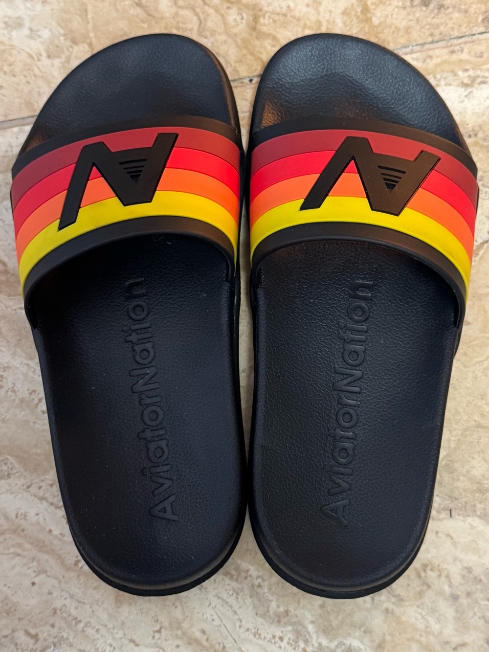 Aviator Nation Black Slides with Red-Orange-Yellow Stripe - Picture 6 of 8